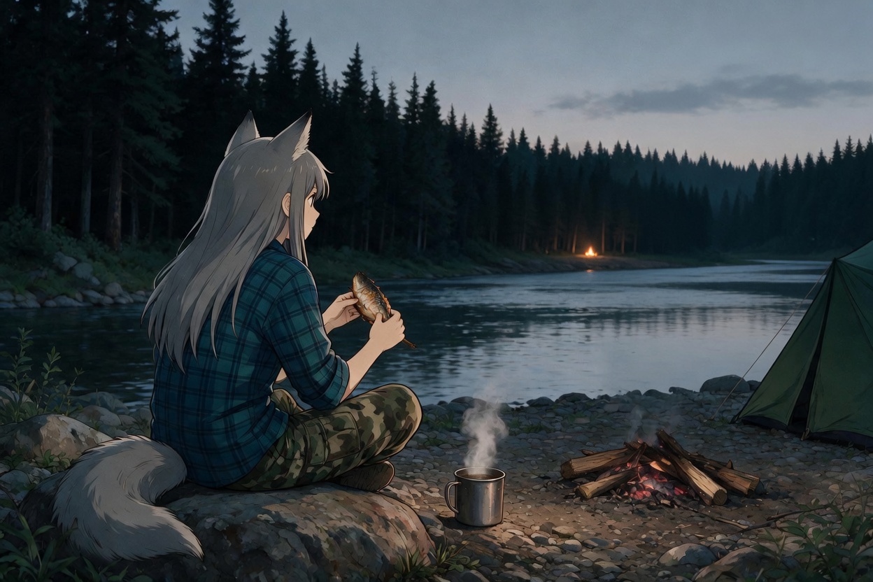 Helga and the Big Water - Anime art, Longpost, My, Art, Anime, Girls, Autumn, Hike, Animal ears, Tail, Kitsune, The mountains, Flood, Original character, Neural network art, River, Ginger & White, Neural Network Content, Series Ginger and Winter