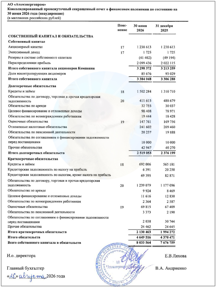 Источник: отчет АО «Атомэнергопром» по МСФО за 6 мес. 2026