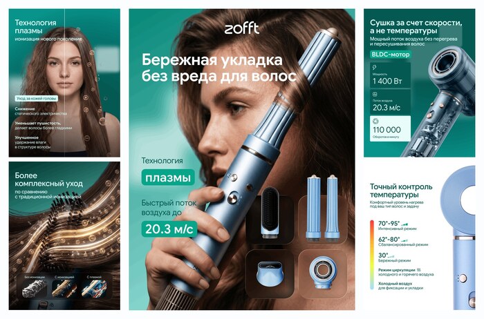 Фен-стайлер Zofft Essential S300: плазма, холодный воздух, 5 насадок, сумка (голубой)