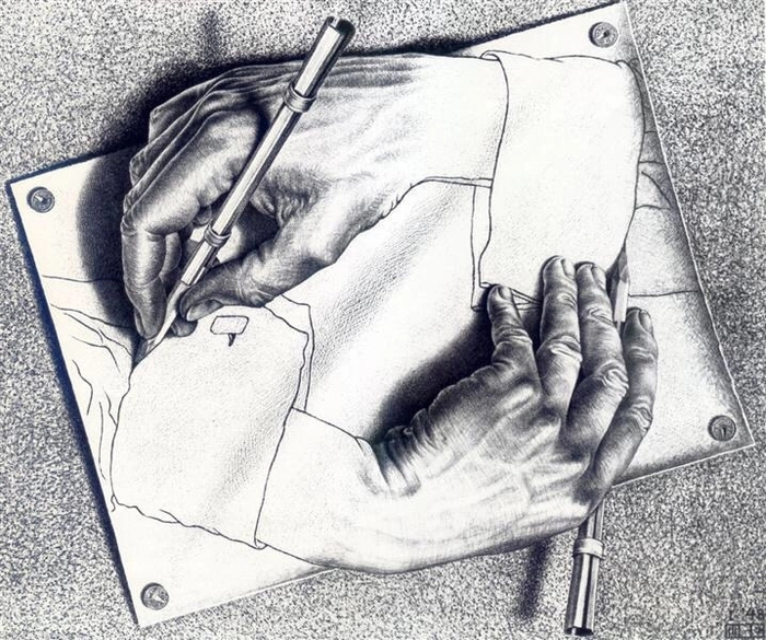 Литография «Рисующие руки» (Drawing Hands), созданная Маурицем Корнелисом Эшером в 1948 году