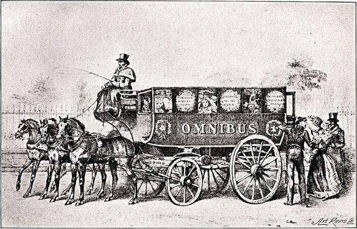 Конный автобус Шиллибира. Иллюстрация из книги Генри Чарльза Мура «Omnibuses and Cabs» (1902), с. 13. Автор рисунка неизвестен. Wikimedia Commons.
