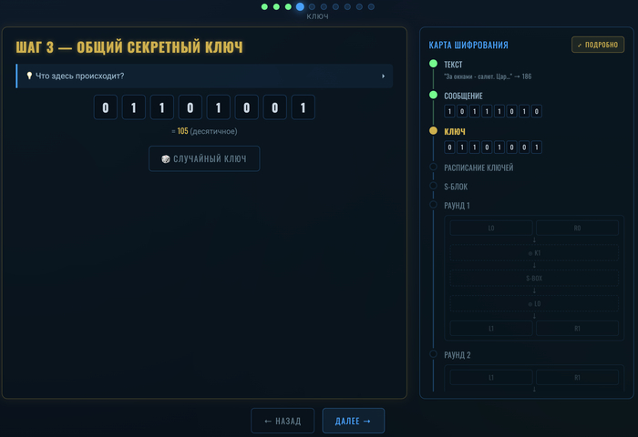 Задаем ключ (мастер ключ, из которого будем нарезать раундовые ключи). Можно создать рандомайзером, можно в ручную, просто кликайте на любой бит ключа и он изменит значение