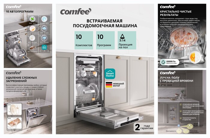 Встраиваемая посудомоечная машина Comfee CDWI455I, 45 см, Wi-Fi, 10 комплектов, 10 программ, луч на полу, аквастоп