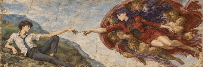 “Сотворение Адама”, но с персонажами Evangelion