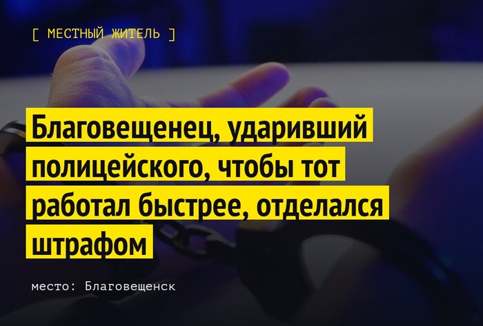 Благовещенец, ударивший полицейского, чтобы тот работал быстрее, отделался штрафом