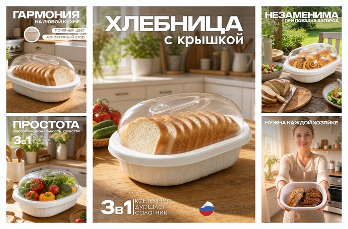 Хлебница ″Умница″ цвет Белый, размер 30*21*13 см, модель 3 в 1