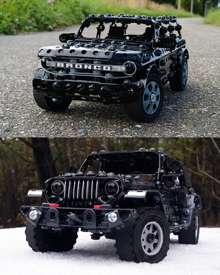 Ford Bronco, Jeep Wrangler из металлического конструктора, проволоки, резины и картона