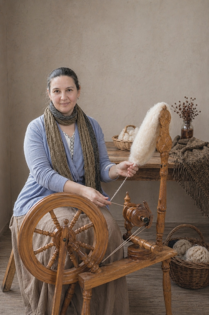 Екатерина Новикова за самопрялкой.